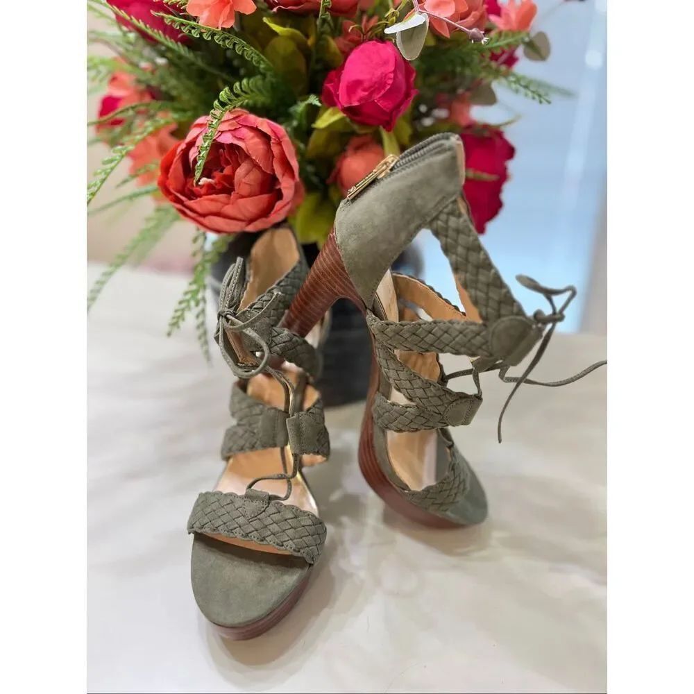 Jessica Simpson Braided Suede Lace-Up Platform Heeled Sandals Green Size 7.5